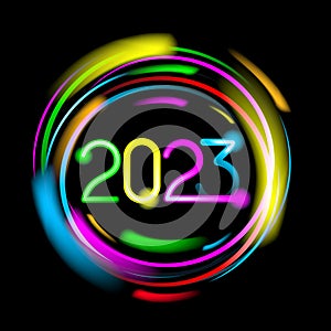 Neon circle frame with with golden, green, purple, blue glow for 2023 year