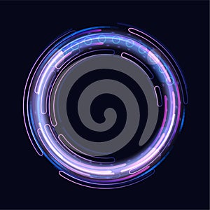 Neon circle frame with shining effects on dark background. Empty purple glowing techno
