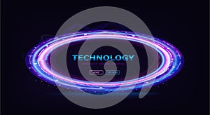 Neon circle frame with shining effects on dark background. Empty purple glowing techno