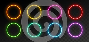 Neon circle frames, glowing round borders set, vibrant glowing rings.