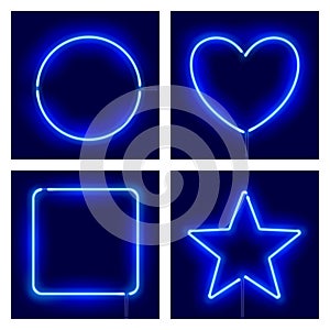 Neon circle, heart, square and star on dark background. Vector realistic different shape blue neon frames.