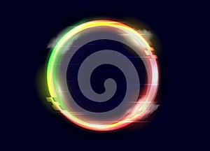 Neon circle. Led light ring shape. Glitch effect and smoke. Music concert. Minimal texture advert sign. Luminous element