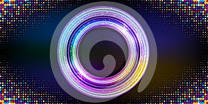Neon circle with particles.Electric round frame.Disco banner with sparkles.Vector illustration