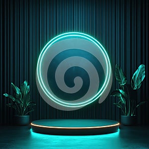 Neon Circle and Podium in Dark Room.
