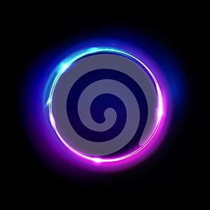 Neon circle sign vector. Light and glow round frame isolated on black background. Purple, violet, blue and pink electric