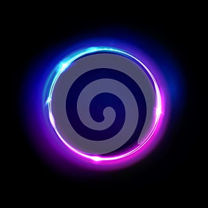 Neon circle sign vector. Light and glow round frame isolated on black background. Purple, violet, blue and pink electric photo