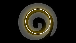 Neon circle yellow-colored on a black background. It is drawn and disappears cyclically. Motion graphics.