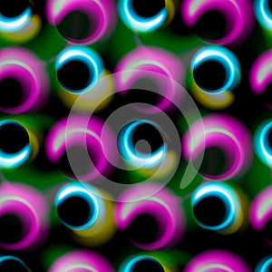 Neon circles Glowing vector grid background. Abstract seamless pattern with glamour shiny glow effect.
