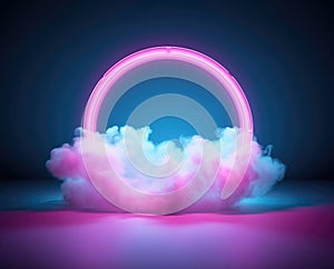 Neon circular frame with pink clouds. Fantasy copy space background.