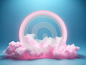 Neon circular frame with pink clouds. Fantasy copy space background.