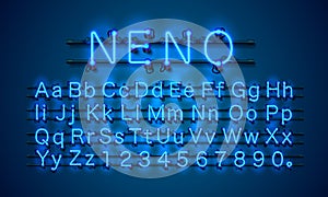 Neon city color blue font. English alphabet and numbers sign.