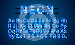 Neon city color blue font. English alphabet and numbers sign.