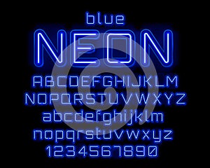 Neon city color blue font. English alphabet and numbers sign