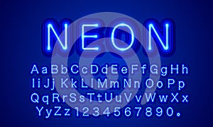 Neon city color blue font. English alphabet and numbers sign.