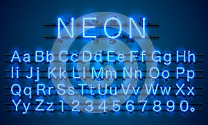 Neon city color blue font. English alphabet sign.