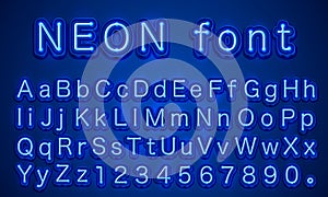 Neon city color blue font. English alphabet sign.
