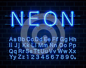 Neon city color blue font. English alphabet sign.