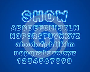 Neon city color blue font. English alphabet sign.