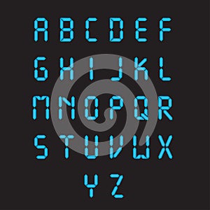 Neon city color blue font. English alphabet. Vector illustration
