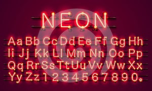 Neon city color red font. English alphabet sign.