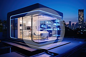 Neon City Dream: Futuristic Tiny Container Capsule House with Smart Home Automation.