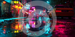 Neon City Nights Rainslicked Streets Vibrant Reflections