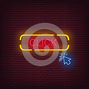 Neon Click button with arrow cursor. Vector
