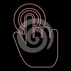 Neon click on button Hand cursor Touch screen red color vector illustration image flat style
