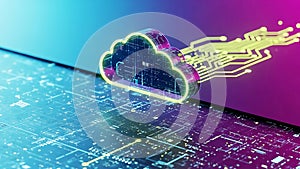 Neon cloud computing circuit board background with glowing digital elements