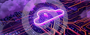 Neon cloud computing concept on a digital circuit board with purple and pink tones