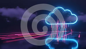 Neon Cloud Computing Concept with Glowing Blue Cloud and Data Streams