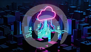 Neon cloud computing concept with glowing cloud icon and data connections over futuristic cityscape at night