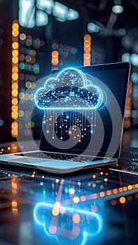 Neon cloud computing design on a laptop screen, data transfer concept.