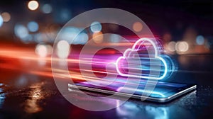 Neon cloud computing icon streaming data from a tablet device, symbolizing fast digital transfer, cloud storage, and