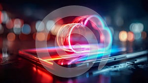 Neon cloud computing icon streaming data from a tablet device, symbolizing fast digital transfer, cloud storage, and