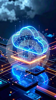 Neon cloud computing illustration with data lines and circuit board elements.