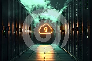 Neon cloud computing security symbol glowing inside server room