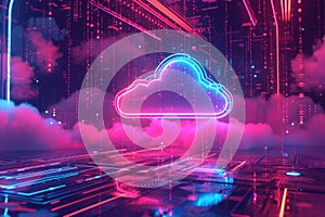 neon cloud computing symbol on futuristic technology background.