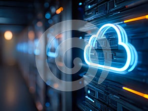 Neon cloud icon illuminating a data server room, symbolizing cloud computing technology