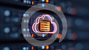 Neon cloud icon on a server rack, symbolizing cloud computing and data storage technology.