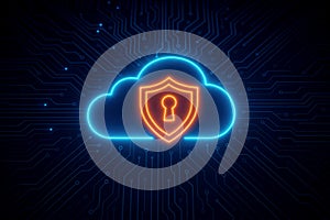 Neon cloud icon with shield and keyhole on digital circuit board background cloud computing security