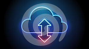 Neon Cloud Icon with Up and Down Arrows on Dark Blue Background data storage