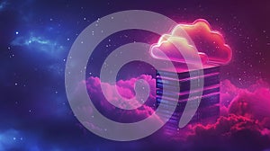 Neon cloud server farm in the night sky