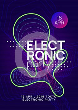 Neon club flyer. Electro dance music. Trance party dj. Electroni