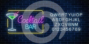 Neon cocktail bar and cafe glowing sign with geometrical frame and alphabet. Glow gas advertising with glass of cocktail