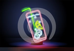 Neon cocktail. Fluorescent isolated vector icon of dark wall background for menu, banner, advertisement. Classic drinks