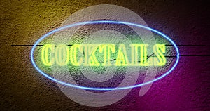 Neon cocktails sign outside tropical bar shows nightclub or bar entrance - 4k