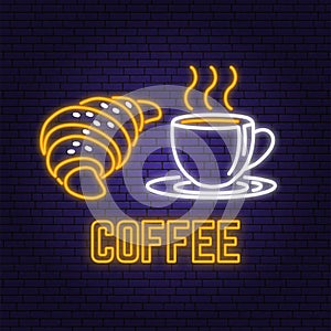 Neon coffee and croissant retro sign on brick wall background. Design for cafe, restaurant. Vector. Neon design for pub