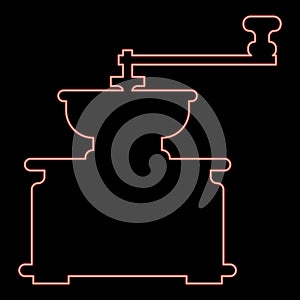 Neon coffee grinder Mill manual manufacture classic vintage style red color vector illustration image flat style