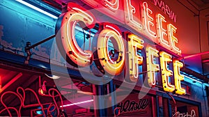 Neon Coffee Sign on Side of Building